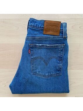 Levis premium wedgie jeans button fly high waisted ripped knees blue stretch 27